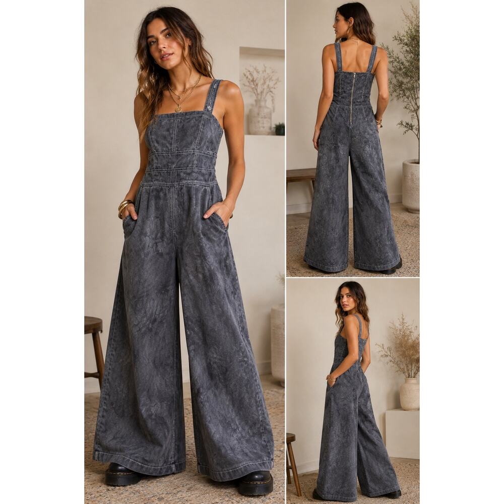Free People Women’s Small Mineral Wash Wide Leg Jumpsuit Utility Zip Cotton Boho